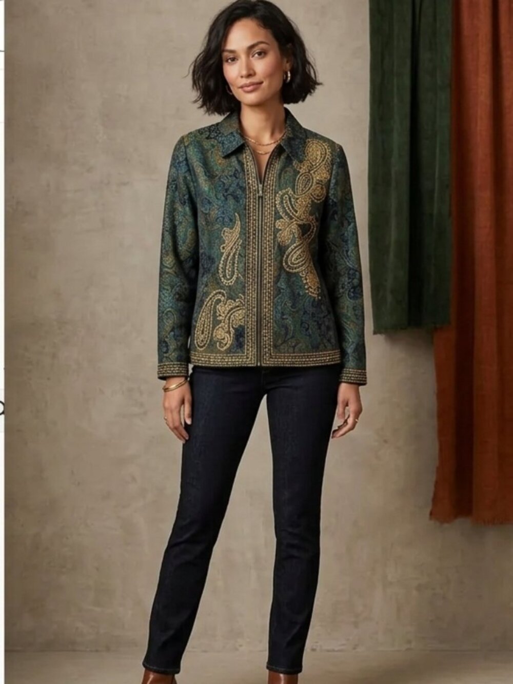 COLDWATER CREEK Denim Jacket Zip Lined Woven Floral Golden Embroidered Detail L